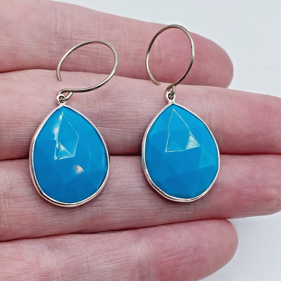 Sterling Silver Blue Faceted Glass Dangle Drop Pierced Earrings Bezel Set 1.5" - Picture 6 of 7